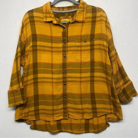 Prana Fillary Plaid Check Button Down Shirt Yellow L - Picture 4 of 7
